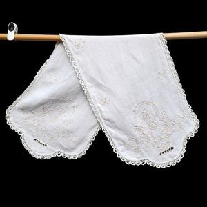 White Linen Embroidered Runner Distressed Vintage Cottage Farmcore 46 x 15